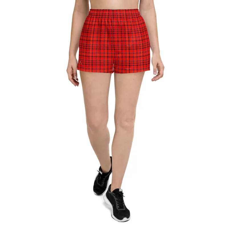 Red Plaid Ladies Shorts, Scottish Tartan Print Women's Athletic Short Shorts-Made in EU/USA/MX