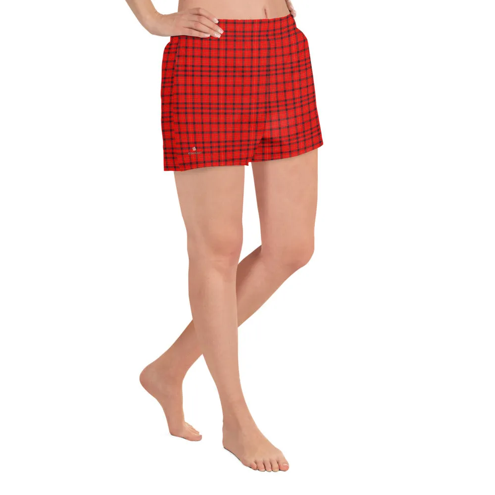 Red Plaid Ladies Shorts, Scottish Tartan Print Women's Athletic Short Shorts-Made in EU/USA/MX