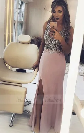 Sheath Scoop Floor Length Blush Satin Prom Dress with Beading Split