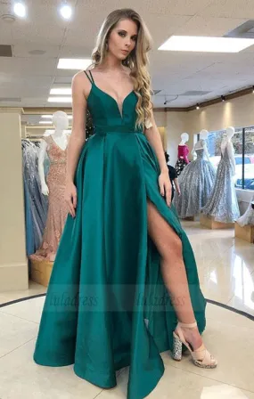 Spaghetti Strap Green V Neck Long Prom Dress