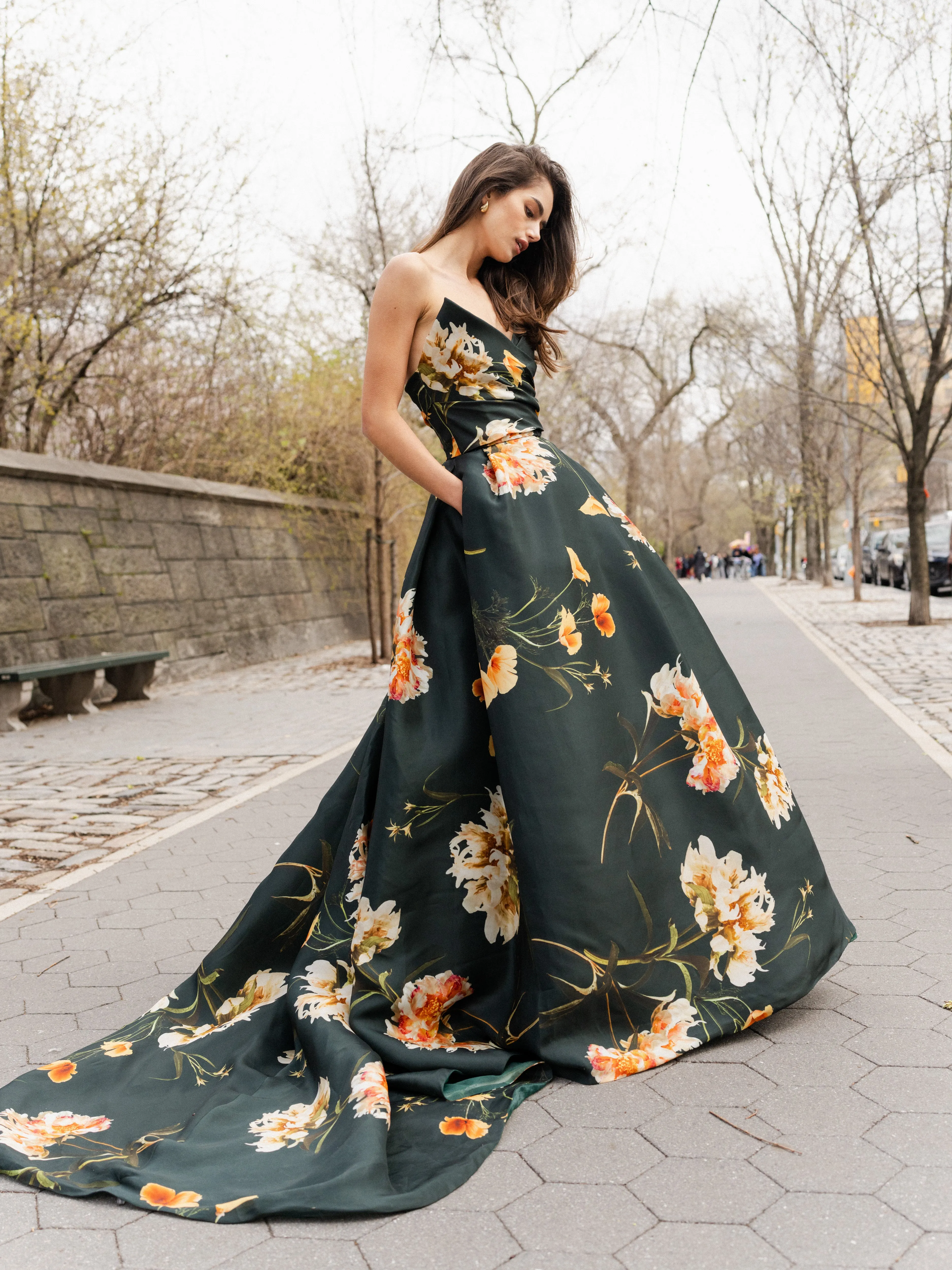 Strapless Draped Floral Ball Gown