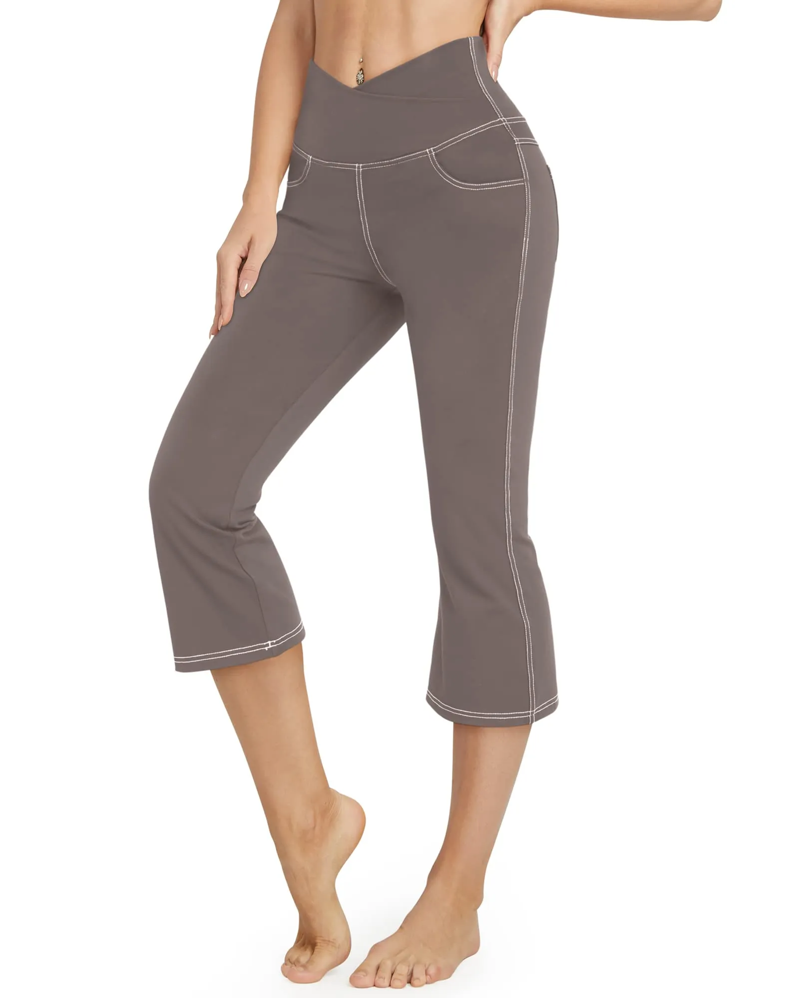 Stretch Crossover Waist Capri Flare Casual Pants