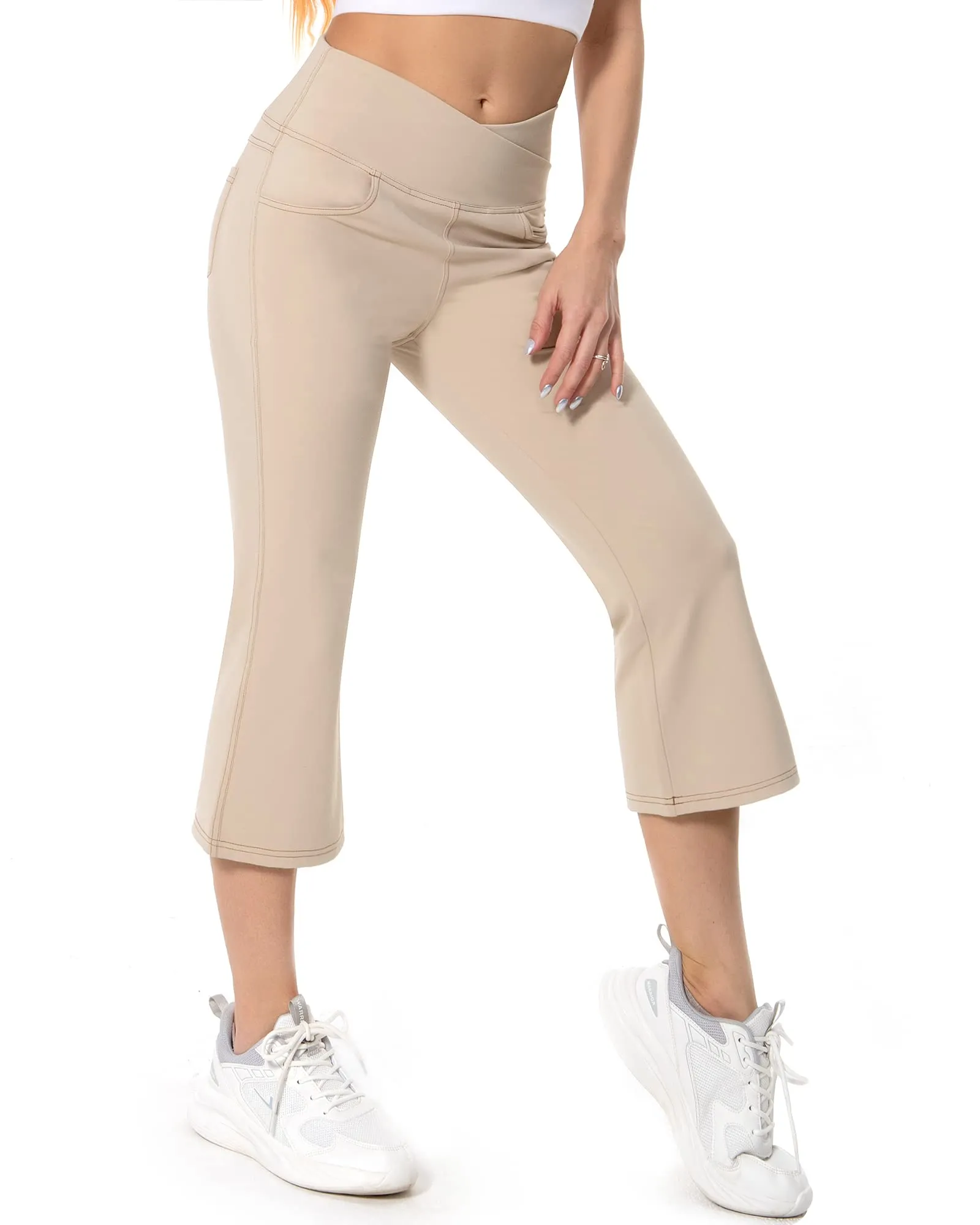 Stretch Crossover Waist Capri Flare Casual Pants