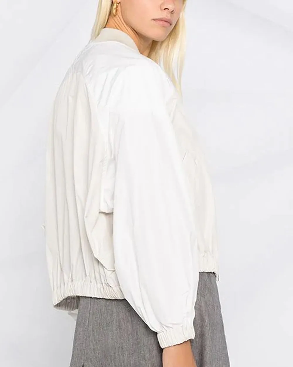 White and Pebble Paneled Taffeta Bomber Jacket