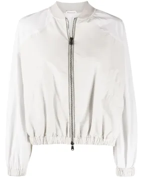 White and Pebble Paneled Taffeta Bomber Jacket