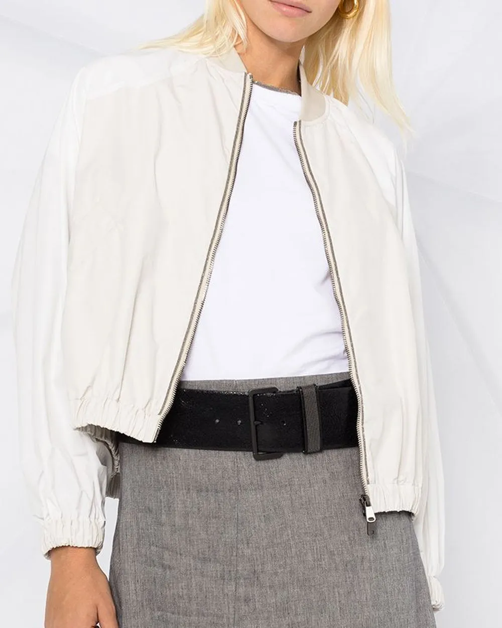 White and Pebble Paneled Taffeta Bomber Jacket