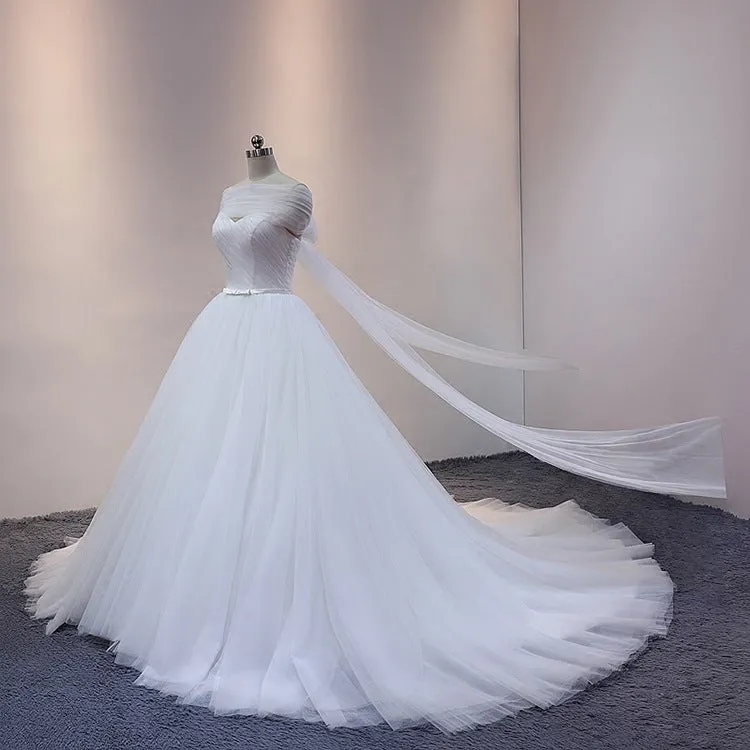 White Princess Tulle Ball Gown Cathedral Train Wedding Dress with Off Shoulder Draping #21011210