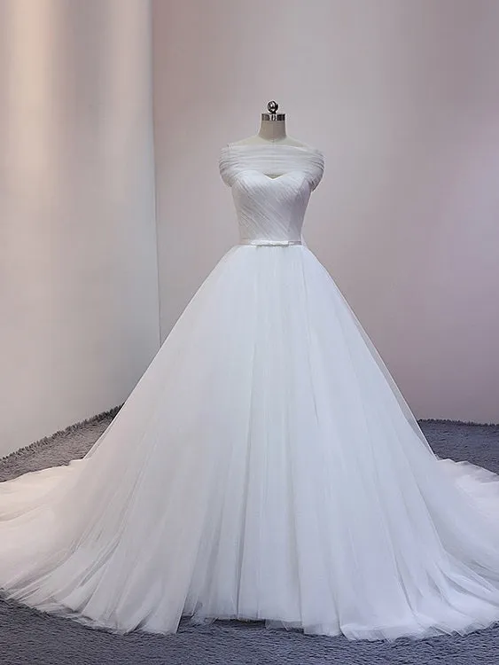 White Princess Tulle Ball Gown Cathedral Train Wedding Dress with Off Shoulder Draping #21011210