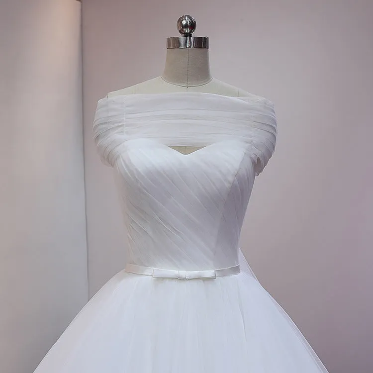 White Princess Tulle Ball Gown Cathedral Train Wedding Dress with Off Shoulder Draping #21011210