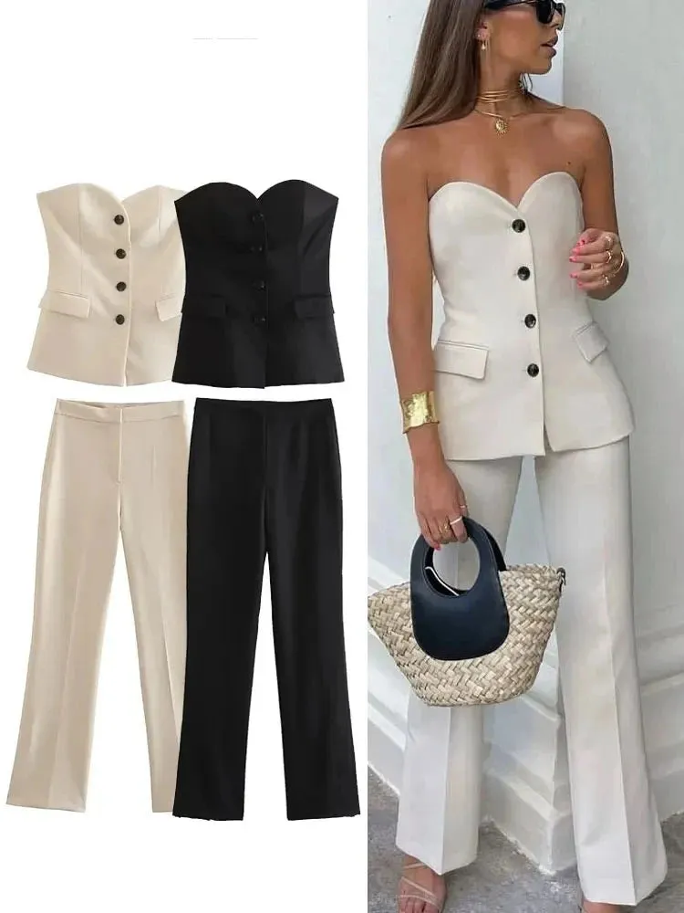 Women's Fashion Designer 2 Piece Suit Strapless Side Slit Pants