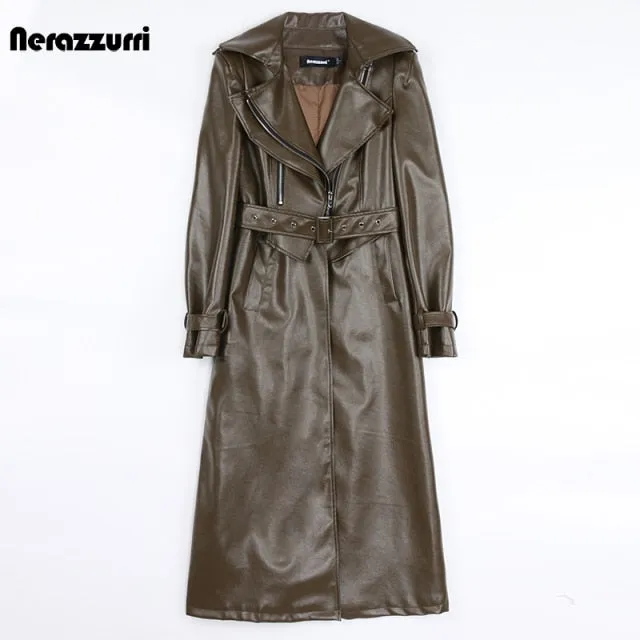 Women's Leather Trench Coat Fashion Designer Belted Jackets (Plus Size)