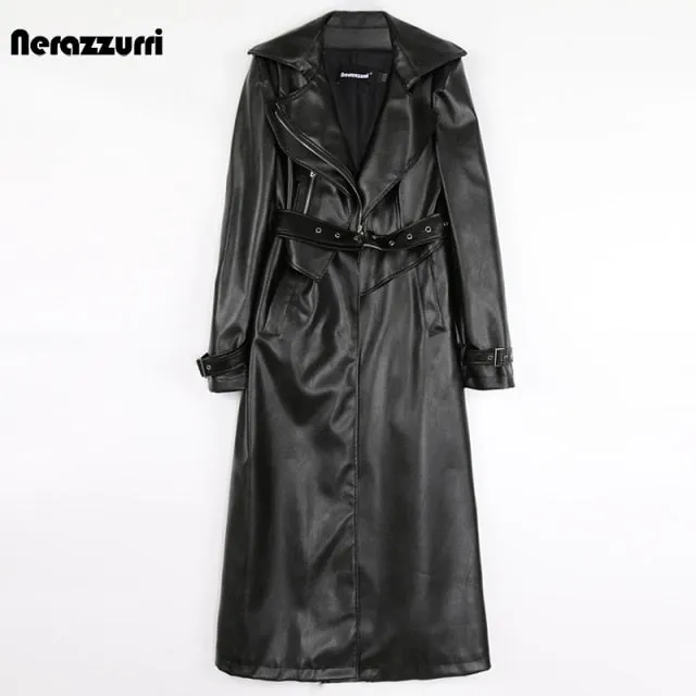 Women's Leather Trench Coat Fashion Designer Belted Jackets (Plus Size)