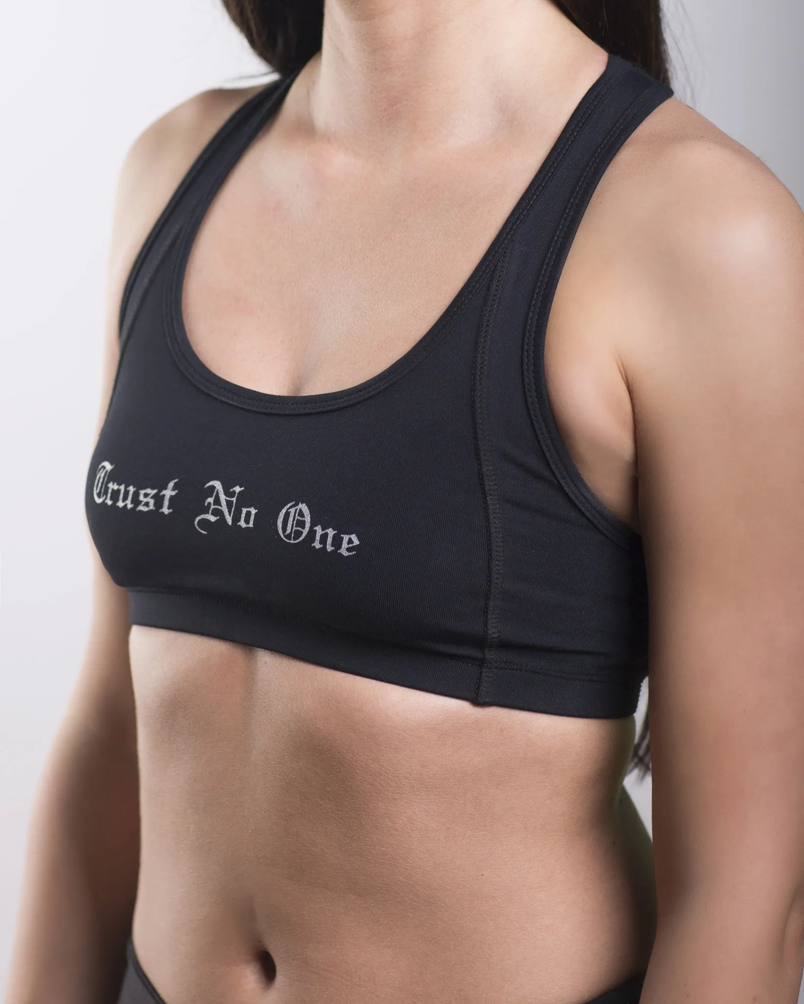 Women's Trust No One Black Mesh Back Sports Bra - Black