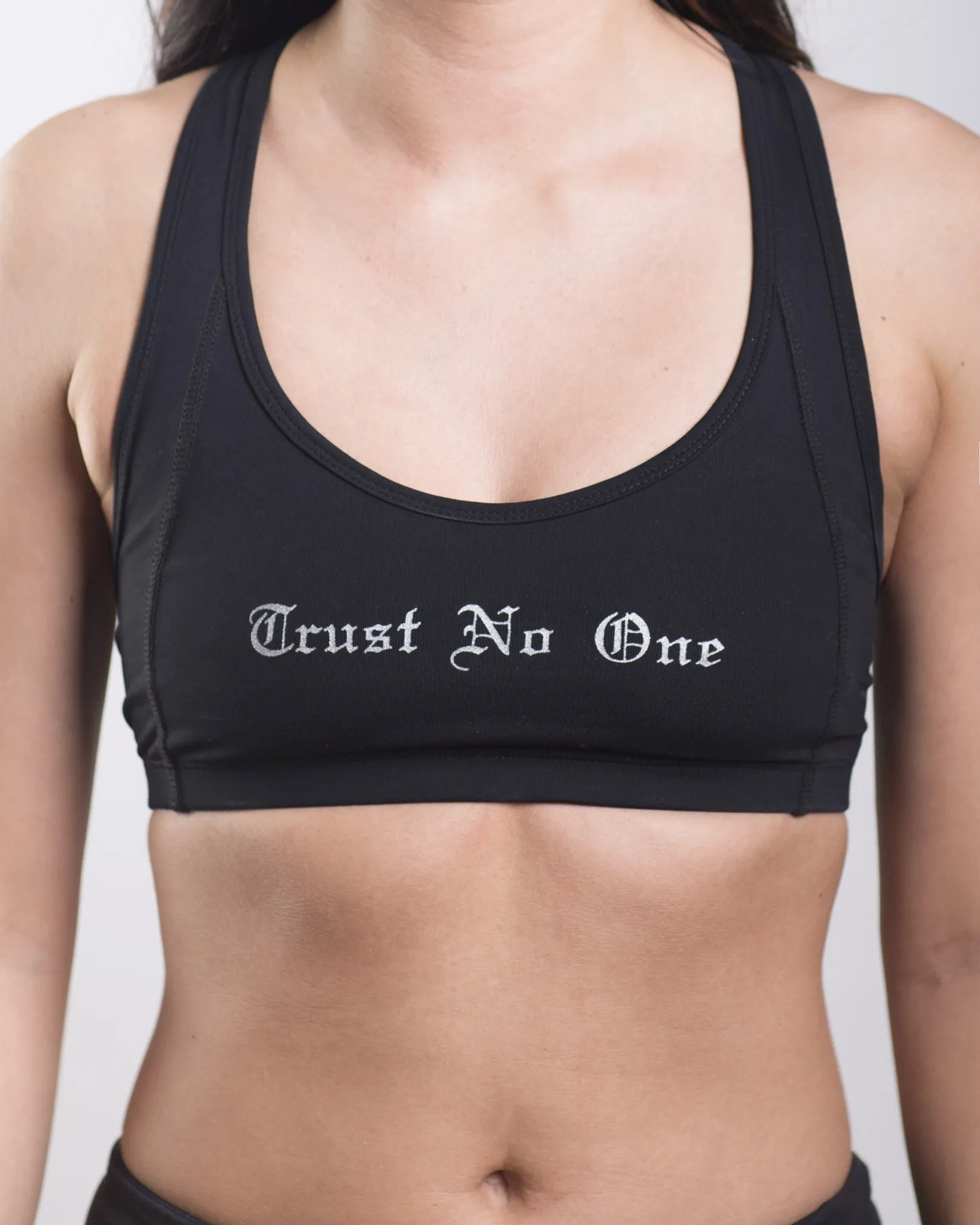 Women's Trust No One Black Mesh Back Sports Bra - Black